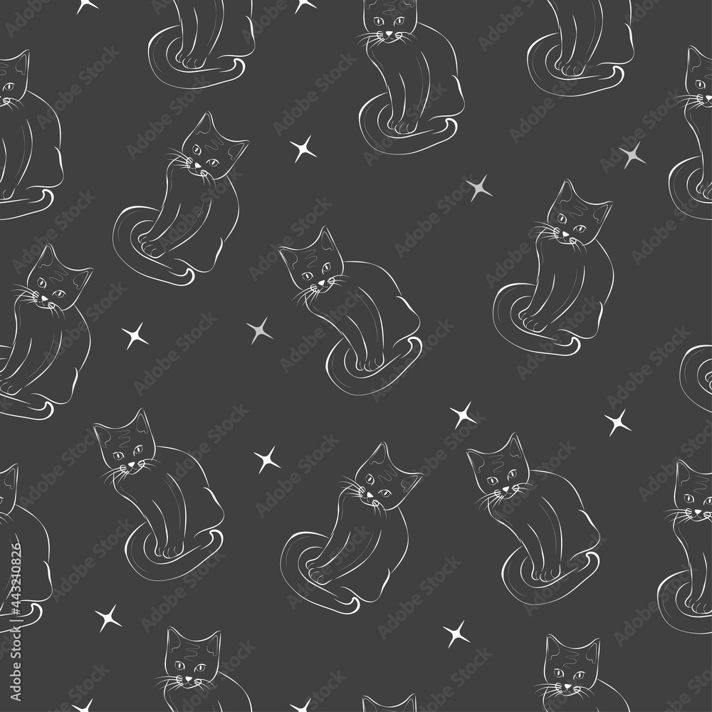 Seamless pattern of silhouettes of black cats with white stars on a dark background