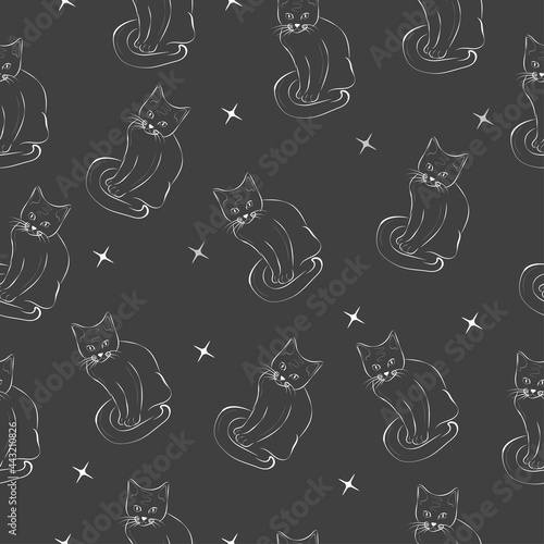 Seamless pattern of silhouettes of black cats with white stars on a dark background