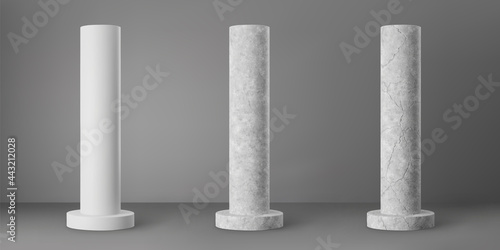 Concrete cylindrical columns with cracks set isolated on grey background. Realistic cement 3d pillar for modern room interior or bridge construction. Vector textured concrete pole base for billboard