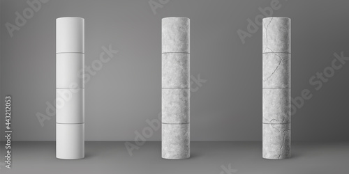Concrete cylindrical columns with cracks set isolated on grey background. Realistic cement 3d pillar for modern room interior or bridge construction. Vector textured concrete pole base for billboard