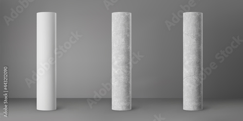 Concrete cylindrical columns with cracks set isolated on grey background. Realistic cement 3d pillar for modern room interior or bridge construction. Vector textured concrete pole base for billboard