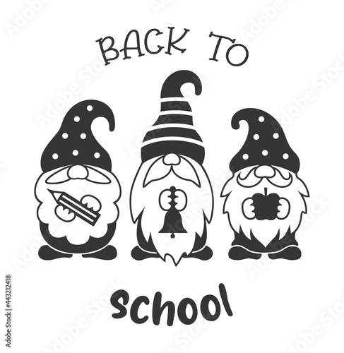 Back to school silhouette design with cute gnomes and quote. Vector funny illustration teacher with students.