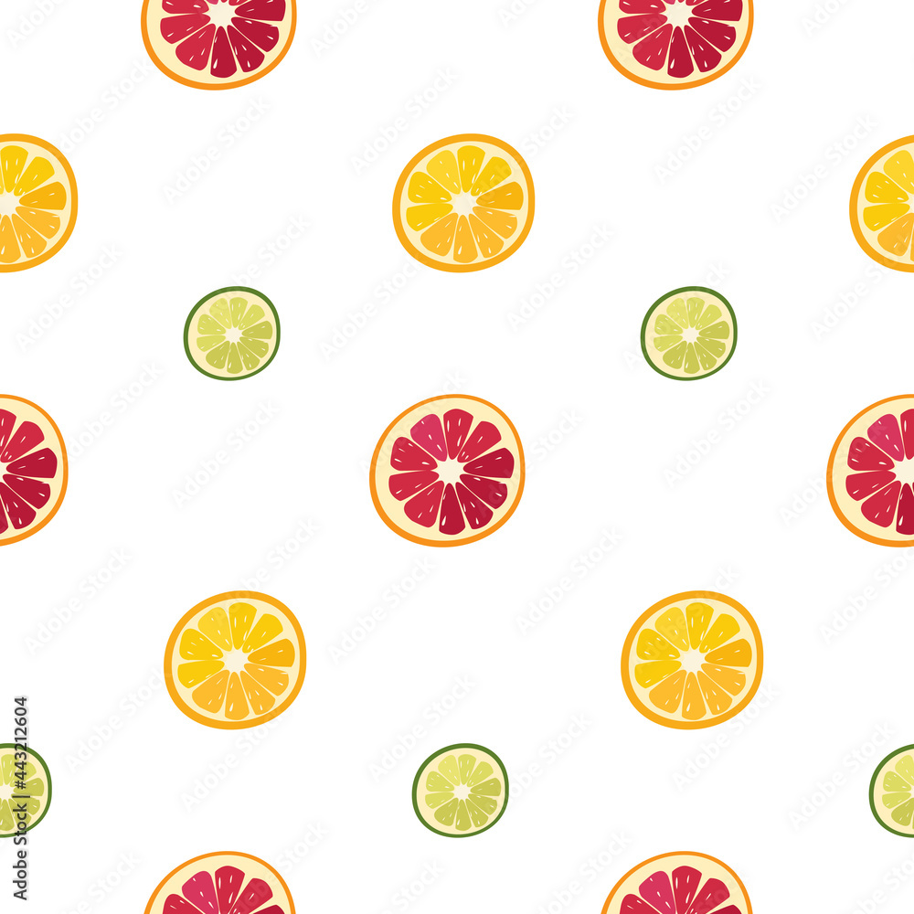 Seamless citrus pattern of lime, grapefruit and orange slices in a flat style on a white background. Useful and vitamin fruits for backgrounds