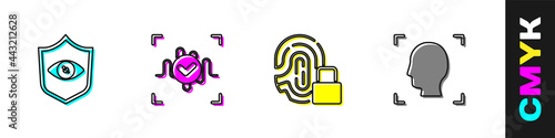 Set Shield eye scan, Voice recognition, Fingerprint with lock and Face icon. Vector