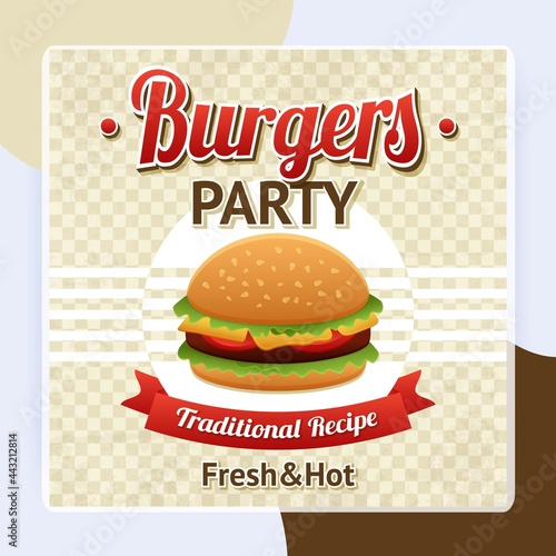 Fast food poster with beef hamburger and burgers party text vector illustration