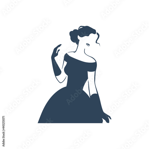 Beautiful young lady portrait isolated. Awesome model in stylish dress black hand drawn silhouette. Vector flat illustration. For emblem, tag, logo, banner etc.