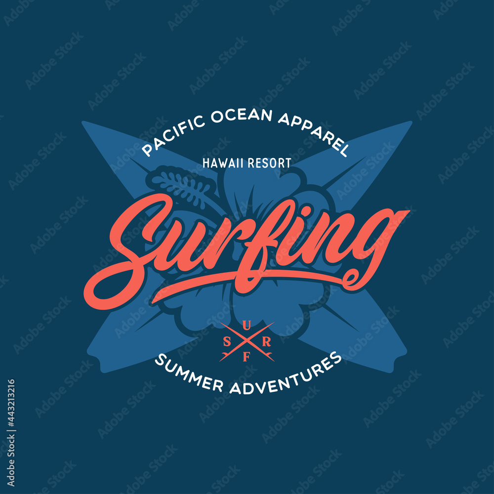 Surfing stylish graphic t-shirt vector design, typography. Design for poster, print on the theme of summer.