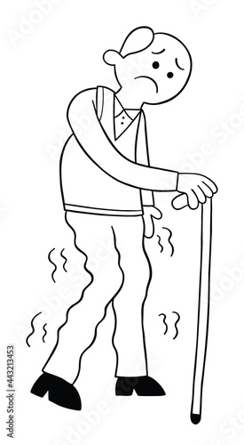Cartoon old man has a cane he can hardly walk, vector illustration
