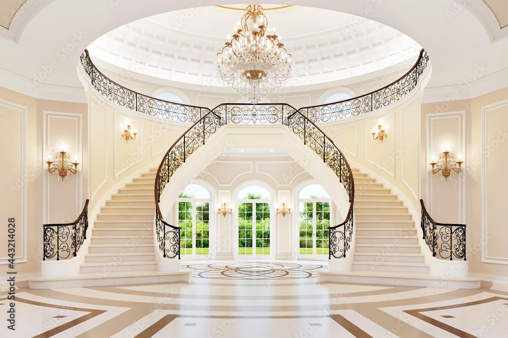 Luxurious royal interior with a beautiful staircase and chandelier. Bright large hall with large windows