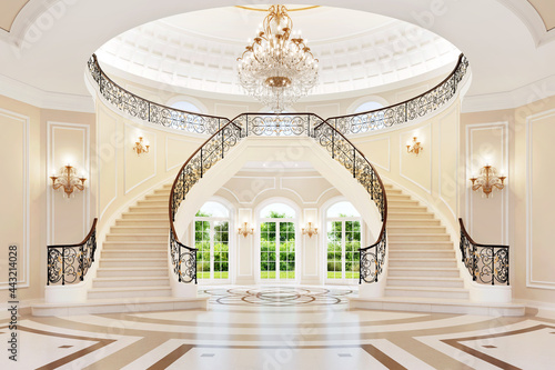 Print op canvas Luxurious royal interior with a beautiful staircase and chandelier