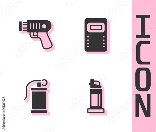 Set Pepper spray, Police electric shocker, Hand smoke grenade and assault shield icon. Vector