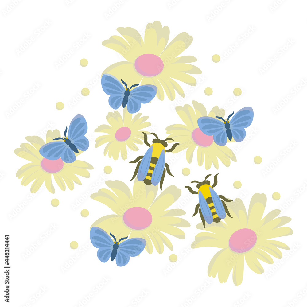 Colorfull vector composition with chamomile
 and bees. All elements isolated. Summer mood design 