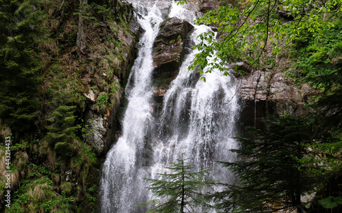 Beautiful view of scenic waterfall with mossy rocks and green trees. Park of waterfalls Mendeliha in Sochi, Russia. Summer vacation in Caucasus mountains.