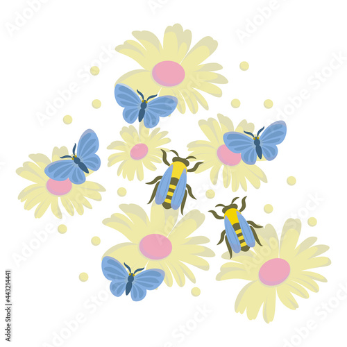 Colorfull vector composition with chamomile  and bees. All elements isolated. Summer mood design 
