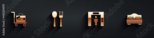 Set Suitcase, Fork and spoon, Lift and Hotel room bed icon with long shadow. Vector