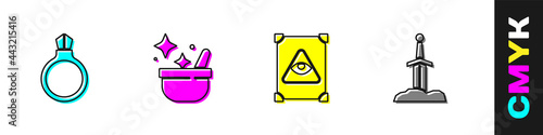Set Magic stone ring with gem, Witch cauldron, Ancient magic book and Sword the icon. Vector