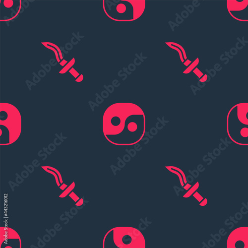 Set Dagger and Yin Yang on seamless pattern. Vector