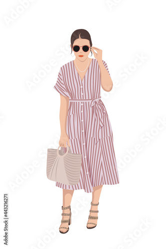 Women on high heels dressed in stylish trendy clothes - female fashion illustration