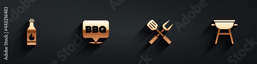 Set Tabasco sauce, Barbecue, Crossed fork and spatula and grill icon with long shadow. Vector