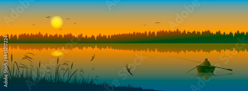 Silhouetted landscape with a fisherman in a fishing boat with paddles on a lake or river against the sunset. Fishing at sunrise. Vector illustration