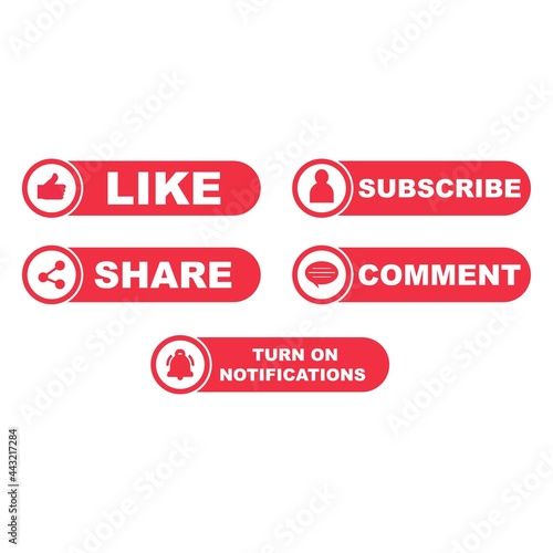 Subscribe button collection with the like, share, and comment section. Stylish metallic color button collection for social media posts. Metallic red color design for social media.