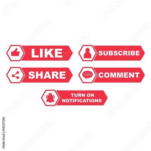 Metallic subscribe button collection with the like, share, and comment section. Red color button collection for social media posts. Red color design for social media.