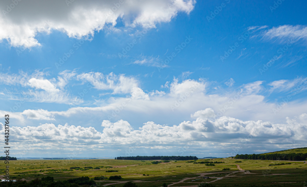 gorgeous blue summer sky and a scattering of fluffy white clouds over Salisbury Plain, Wiltshire UK