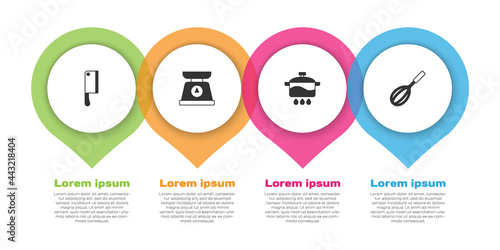 Set Meat chopper, Scales, Cooking pot and Kitchen whisk. Business infographic template. Vector