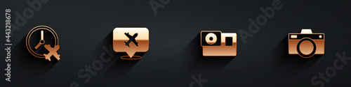 Set Clock with airplane, Speech bubble, Action camera and Photo icon with long shadow. Vector