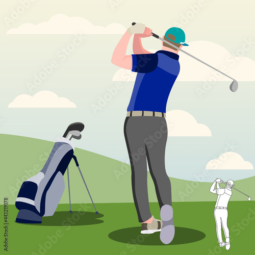Young Man Uniform Playing Golf on Course with Green Grass. Man Hitting Ball to Hole, Sport Game Tournament, Summer Spare Time. Flat Vector Illustration