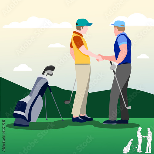 Golf and business with golf clubs on green grass, cartoon, silhouettes, bundle vector illustration. character in different position.	