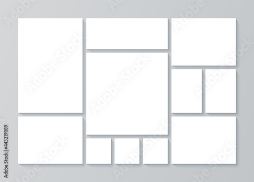 Collage template. Moodboard grid. Vector. Mood board banner. Montage photo images. Mosaic pictures album layout. Photomontage frames. Horizontal design of gallery mockup. Simple illustration.