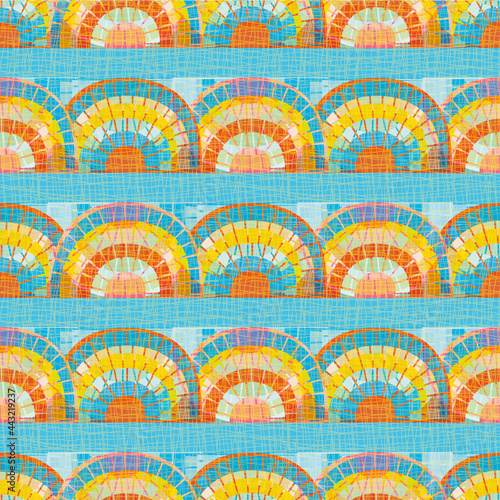 Mosaic rainbow vector seamless pattern background. Backdrop with overlapping tile effect rainbows in painterly batik style. Sky blue orange striped repeat for wellness, summer, vacation products