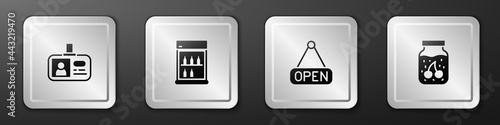 Set Identification badge, Commercial refrigerator, Hanging sign with Open and Jam jar icon. Silver square button. Vector