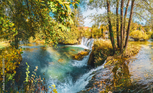 Landscape with lake and  waterfall in Rastoke village  near Slunj in Croatia
