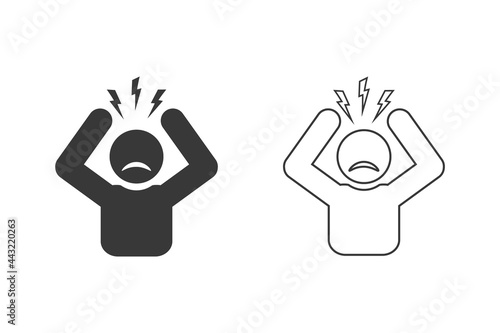 Headache glyph icon set. Silhouette symbol. Anger and irritation. Frustration. Nervous tension. Aggression. Occupational stress. Emotional stress symptom. Negative space. Vector