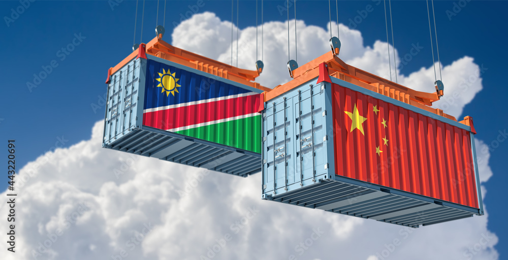 Freight containers with Namibia and China flag. 3D Rendering 