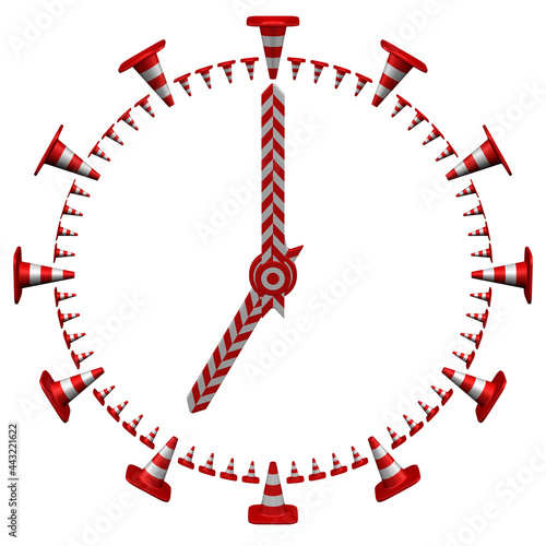 Concept: traffic jams. Clock face with traffic cones and traffic barrier.