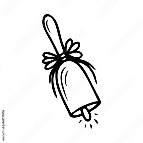 Hand drawn bell with a bow, school items isolated on a white background. Doodle, simple outline illustration. It can be used for decoration of textile, paper.