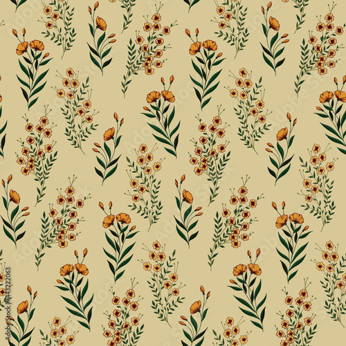 Vintage floral print with wildflowers. Seamless pattern in autumn colors. Vector illustration.