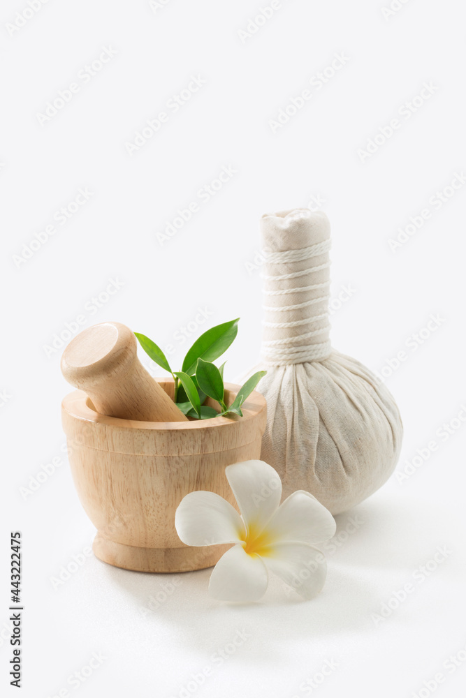 close up view of mortar and Herbal Compress on white back. banner close up view of mortar and Herbal Compress on white back. banner