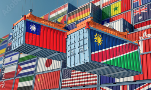Freight containers with Namibia and Taiwan national flag. 3D Rendering 