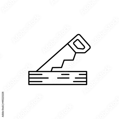 Carpenter equipment,wood saw icon in flat black line style, isolated on white background 