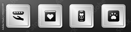 Set Donation food, Dating app online, and charity and Paw print icon. Silver square button. Vector