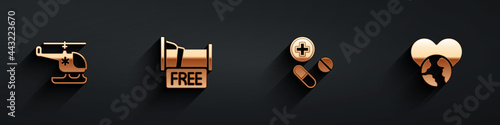 Set Rescue helicopter, Free overnight stay house, Medicine pill or tablet and The heart world - love icon with long shadow. Vector