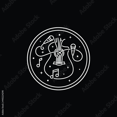 guitar music hipster hand drawn line art rock and roll logo design vector illustration