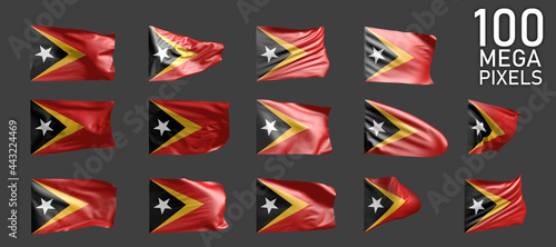 Timor-Leste flag isolated - various images of the waving flag on grey background - object 3D illustration