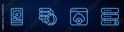 Set line Failed access cloud storage, Hard disk drive HDD, Network connection and Server, Data, Web Hosting. Glowing neon icon on brick wall. Vector