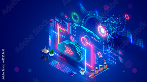 Communication satellite transmit signal of global satellite internet. Computer digital connection at www through wireless space signal. Cloud computing. Telecommunications network technology concept.