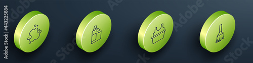 Set Isometric line Water spill, Bottle for cleaning agent, Basin with shirt and Feather broom icon. Vector